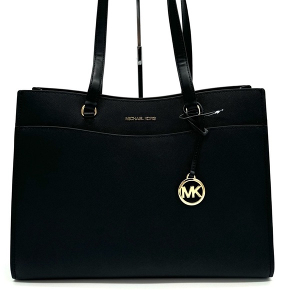 Michael Kors Large MF Pocket Shoulder Tote Bag Black/Gold - Picture 1 of 13